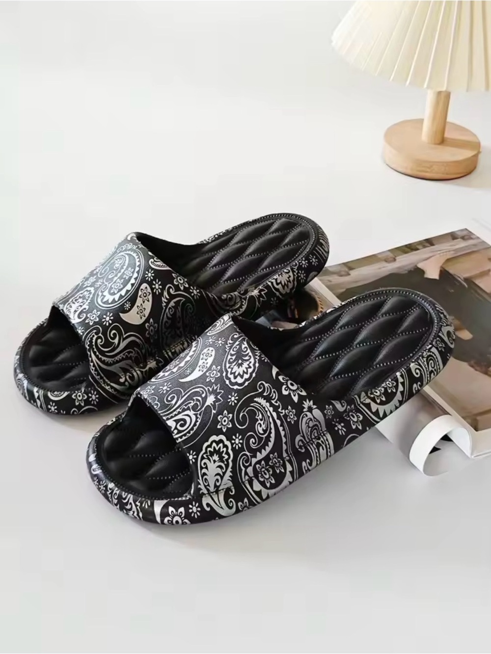 Black Paisley Slide Slippers | Padded Comfort Cloud Slides - Picture 3 of 5